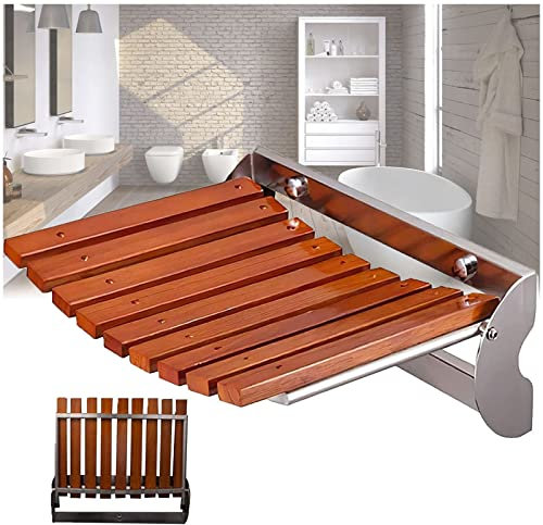 EEUK Duschklappsitz Wandmontage Duschsitz Klappbar Duschbank Holz Wasserfest- Badhocker Klappsitz Dusche Badestuhl Rutschfester Duschhocker Modern für Senioren Kinder- Stahlrahmen (Size:38X14X30cm)