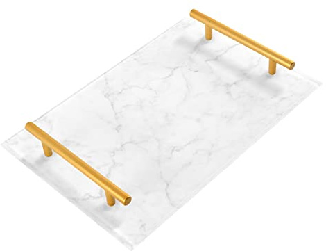 Dallonan Acryl-Badezimmer-Tablett, rechteckig, weißer Marmor, dekorative Tabletts mit goldenen Griffen, für Küche, Lebensmittel, Wohnzimmer, Kommode, Büro-Organizer (20 x 30 cm)