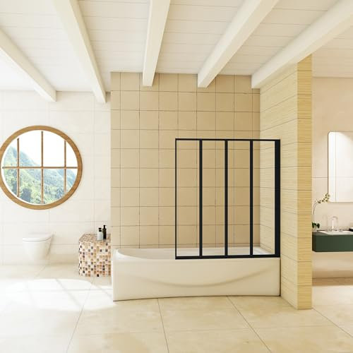 Ducha Casa Mampara de bañera plegable 4 hojas, perfil negro mate, 4mm cristal templado, 140x90cm