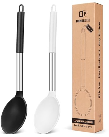 Pack of 2 Large Silicone Cooking Spoon Non Stick Solid Basting Spoons Heat-Resistant Kitchen Utensils for Mixing Serving (Black-White) | Black-White, Non Stick, Heat-Resistant, Large Solid Kitchen Spoons for Cooking, Mixing, Serving