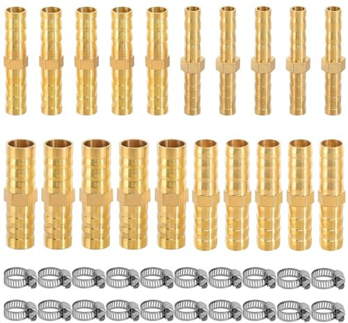 Shinybox 40 Stück Messing Schlauchverbinder, 20 Schlauchverbinder Schlauch mit 20 Schlauchschellen, 6/8/10/12mm Verbindungsstück Messing, Messing Benzinschlauch Verbinder für Luftleitung Wasserleitung