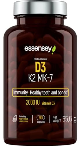 Essensey Vitamin D3 K2 MK-7 - Dietary Supplement Helps Maintain Healthy Teeth and Bones - 100% of Daily Vitamin K Requirement - Muscle Function - Immunity - Proper Blood Clotting - 90 Capsules