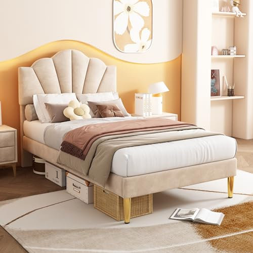 Kinderbett Polsterbett 90x200 mit Verstellbares Kopfteil, muschelartiges Bett mit goldenen Eisenbeinen, Einzelbett Mädchenbett Jugendbett mit Lattenrost und Rückenlehne, Samt, Beige, Ohne Matratze