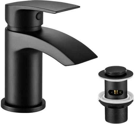 Basin Mixer Taps Waterfall Black with Slotted Pop-up Waste Bathroom Sink Tap Mixers Mono 1 Hole Single Lever Modern with G1/2'' Hoses Round Cloakroom Taps Hot and Cold Water Mixer