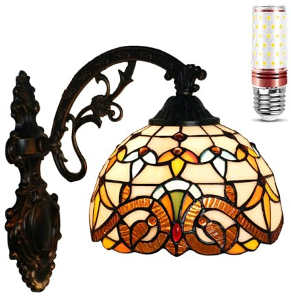 Uziqueif 8 Inch Tiffany Style Wall Lights, Vintage Baroque Stained Glass Wall Lamp Sconce for Bedroom, Living Room, Lounge, Corridor, Kitchen, Hallway, Baroque A