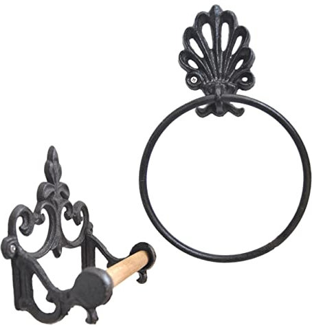ANDRESLAD 2pcs Retro Towel Hanging and Tissue Rack Wrought Iron Bathroom Holder for Space-saving Organization Elegant Black Design for Home Decor