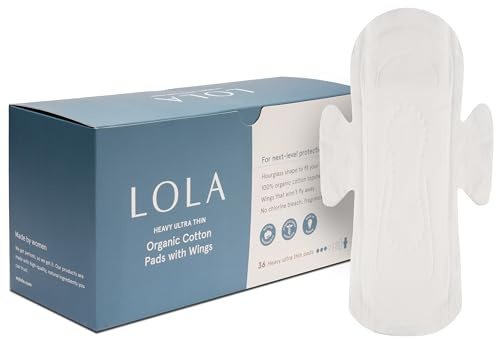 LOLA Organic Cotton Pads, 36 Count - Ultra Thin Pad with Wings, Cotton Organic Pads for Women, HSA FSA Approved Products Feminine Care, Heavy