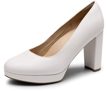 DREAM PAIRS Women's Pumps Closed Round Toe Chunky High Heels Platform Work Comfortable Dress Shoes for Women,Size 7,White-Pu,DWUMPU2505