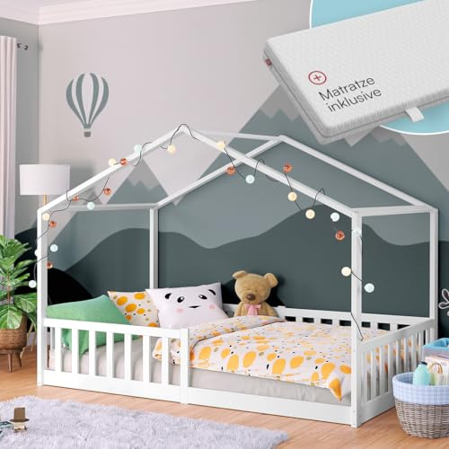 Bellabino Bia Bodenbett 120x200 cm, Weiß, mit Matratze, Kiefer Massivholz | Montessori Hausbett mit Rausfallschutz, mit Lattenrost, Kinderbett für Jungen & Mädchen, Bettgestell, Kinderzimmermöbel