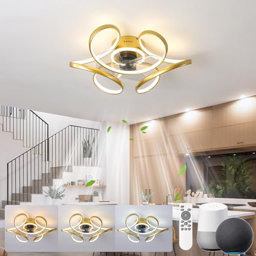 Moderno ventilatore da soffitto dorato da 45 cm, con timer silenzioso, dimmerabile, modalità inverno estate, ideale per camera da letto o cucina, design elegante compatibile con qualsiasi arredamento.