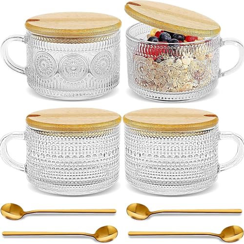 Zykphao 4Pcs Vintage Coffee Mugs, Overnight Oats Containers with Bamboo Lids and Spoons - 14oz Clear Embossed Glass Cups, Stackable Breakfast Cups, Coffee Accessories
