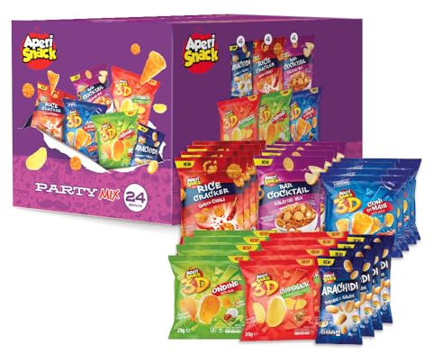 Aperisnack®- AP18.001.31 - APERIBOX PARTY 24 SNACK - Box con Snack ideali per Aperitivo, box con snack misti, snack per distributori automatici, snack per aperitivi e feste