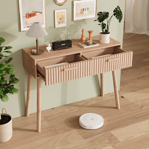 YGHQAP Bureau avec 2 tiroirs - Bureau d'ordinateur - Bureau pour enfant - En bois - Pour bureau, chambre à coucher, salon, bureau, couloir, naturel - 100 x 80 x 35 cm