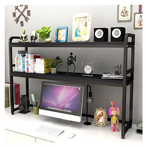 Büroschrank 2-stufiges Desktop-Regal, PC-Schreibtisch-Bücherregal, Bürobedarf-Schreibtisch-Organizer-Präsentationsständer, Vintage-Display-Regal-Organizer aus Metall und Holz, Schwarz Modernes Büromöb