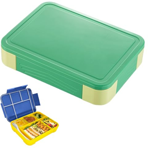 Eastrise Bento Lunch Box 1330ml - 6 Compartments Leak-Proof Snack Box with Removable Dividers, Microwave & Dishwasher Safe Bento Box for Adults & Kids, Includes Cutlery Set & Sauce Container (Green)