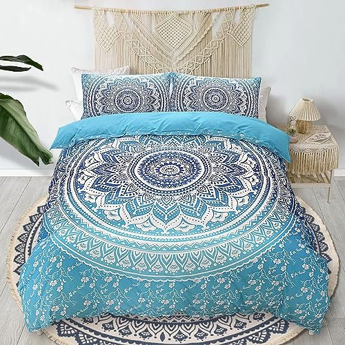Covebett Juego de ropa de cama bohemia de 140 x 200 cm, color azul y blanco, diseño de mandala, diseño vintage, reversible, diseño bohemio, floral, microfibra, funda nórdica y funda de almohada de 70
