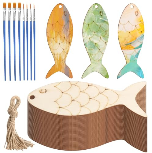 APOMOONS 30 Stück Fischform Holzplatte mit 8 Pinsel & Hanfseil, Holzplatten zum basteln Holzbrettchen Holzanhänger zum Bemalen, Holz zum Bemalen Holzfische Bastelholz Zum Selbermachen, Raumdekoration
