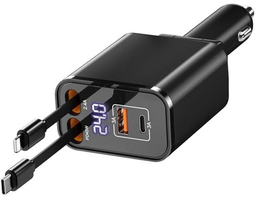 Retractable Car Charger USB C 4 in 1 87W Cigarette Lighter Car Phone Charger Adapter for iPhone 17 with Voltage Display Fast Charge for iPhone,Android,Samsung,etc