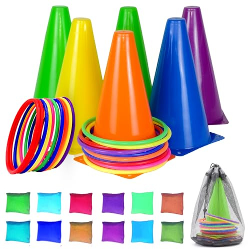 31 PCS Cone Ring Toss Game | 3 in 1 Carnival Games Set for Kids & Adults | Soft Plastic Cones, Rings & Bean Bags | Ring Toss Game Set for Garden Games, Birthday Party & Outdoor Games