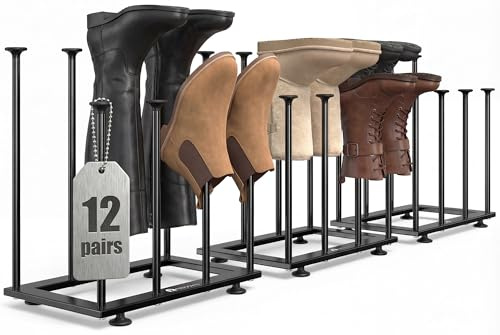 Amoowis Free Standing Shoe Rack Organizer, Black Metal Tall Boot Holder, Space-Saving Shelf Storage, for Closet, Entryway, Garage, Bedroom, Outdoor, Apartment, Front Door, Entrance, Fits 12 Pairs