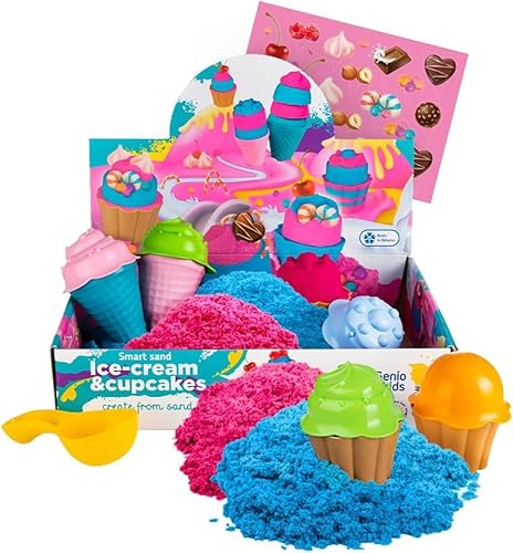 Genio Kids 1 kg de Sable Magique pour les Enfants 2 Couleurs de Sable avec 8 Moules Kit Cupcake et Glace avec Accessoires, Cupcakes and Ice Cream Jouet Cinétique (Nouveau)