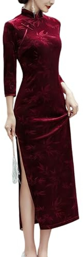 Generico Abito da Sera in Morbido Velluto Cheongsam da Donna Stile Cinese con Colletto Alto Stampa di Foglie di bambù Lungo con Spacco Laterale Manica A 3/4 Qipao Bordeaux XL