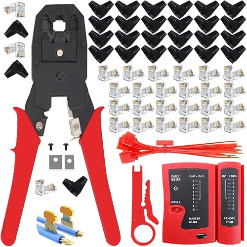 LUBEIN Crimping Set CAT5/CAT6 Ethernet Crimp Tool Kit for RJ45/RJ11/RJ12/6P/4P/8P, Network Crimper Stripper Cutter, Maintenance LAN Cable Pliers Tester Repair Tool Set (RED)