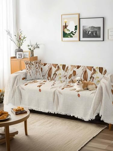 Brown Orange Eucalyptus Sofa Cover Blanket Couch Covers for Armchair Cushion,Couch Sofa Silpcover with Tassel,Farmhouse Weeping Leaves Linen Living Room Throw Towel Blanket Covers XX-L 71x150