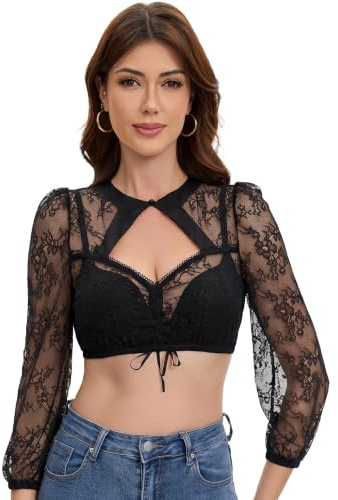 Trachtland Blusa Dirndl para Mujer Manga Larga Tradicional Oktoberfest Elegante con Botones Banda de Pecho Encaje Negro Talla 34-44
