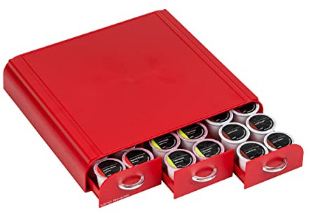 Mind Reader Single Serve Coffee Pod Organizer with 3 Drawers, 36 Pod Capacity, Countertop, 13.5L x 12.25W x 2.5H, Red