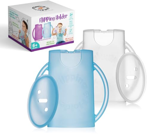 Flipping Holder Squeeze Proof Food Pouch Holder for Toddlers, Babies, Kids, Mess Free No Squeeze Juice Box Drink and Applesauce Snack Holder with Easy Grip Handles and Lid