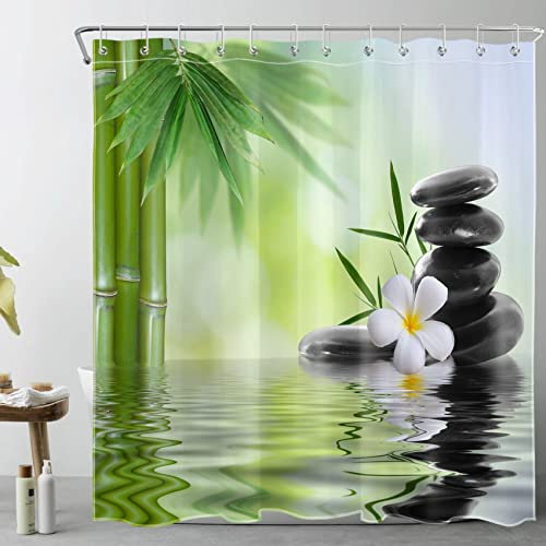 LB Grün Duschvorhang 180x200 Schwarz Steine Weiß Blumen Japanisch Zen Spa Bambus Pflanzen Duschvorhang Anti Schimmel Stoff Waschbar Lang Duschvorhang für Badewanne mit Haken
