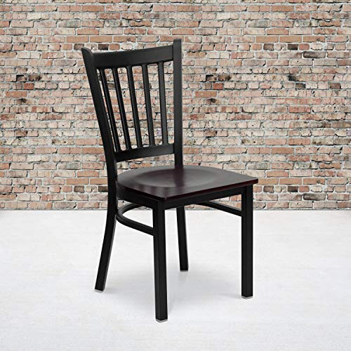 EMMA + OLIVER Black Vertical Back Metal Restaurant Chair - Mahogany Wood Seat