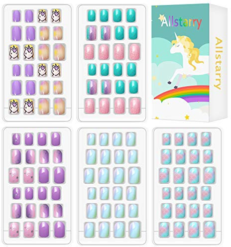 Allstarry 120 Stück Kindernägel zum Aufpressen, vorgeklebt, vollständige Abdeckung, Glitzer, Farbverlauf, Regenbogen, kurze Kunstnägel, schönes Geschenk für Kinder, Mädchen, Nagelkunst- lila Einhorn
