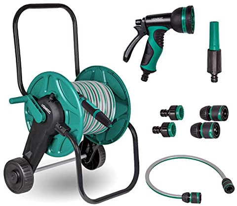 VONROC Carrello avvolgitubo - Raccordo e rubinetto inclusi - Tubo da 20 M, 3 ugelli - Ideale per l'irrigazione di prati, la manutenzione dell'auto o il riempimento di piscine - Facile da spostare