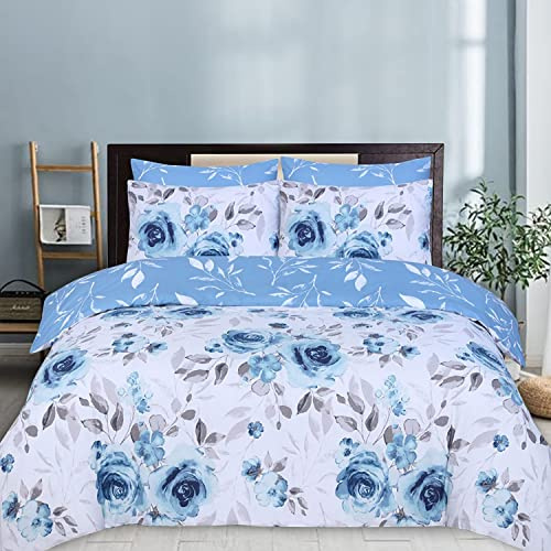 DTEX HOMES King Size Duvet Cover Sets 100% Pure Cotton Reversible Printed Hotel Quality Duvet Cover Ultra Soft Easy Care bedding sets king size Super Soft and Luxury Duvet Cover Sets (Roses Blue)