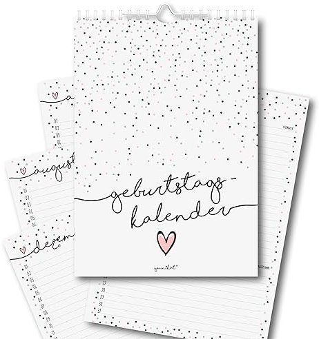 Geburtstagskalender DIN A4 Konfetti-Motiv mit extra langen Zeilen I Spiralbindung A4 I 170 g/qm I jahresunabhängig I immerwährend I Dauerkalender für Frauen, WG, Büro, die ganze Familie I dv917