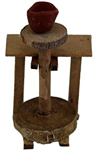 Krippenzubehör Tisch mit Töpferscheibe dunkel Natur 7 cm