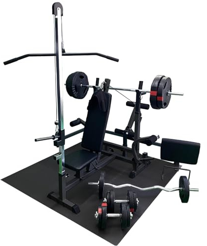 GORILLA SPORTS® Kraftstation mit Hantelbank, Latzug und 100-kg-Hantelset | Mit Butterfly, Curlpult, Beincurler, 5-fach verstellbarer Hantelablage, 6-fach verstellbarer Rückenlehne und Schutzmatte