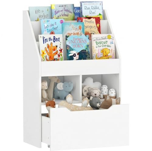 HOMCOM Kinder Bücherregal mit Schublade, 60 x 29,9 x 90 cm Weiß | Kinderregal, 3 Ablagefächern, 2 Offenen Fächern, Aufbewahrungsregal, Kinderzimmer, Spielzimmer