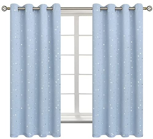 BGment Star Room Verdunklungsvorhänge für Kinderzimmer – Ösen, wärmeisoliert, silberfarbener Sternendruck, Kindervorhänge für Wohnzimmer, Set mit 2 Paneelen, Babyblau, 132 x 160 cm