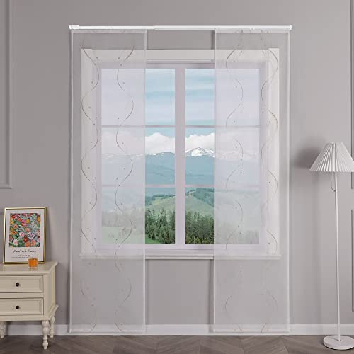Delien Schiebevorhänge 2er Set Transparente Schiebegardinen Modern mit Paneelwagen Flächenvorhänge mit Wellenmuster Wohnzimmer Fenster Gardinen Bestickt mit Klettband BxH 57x175cm,Sand