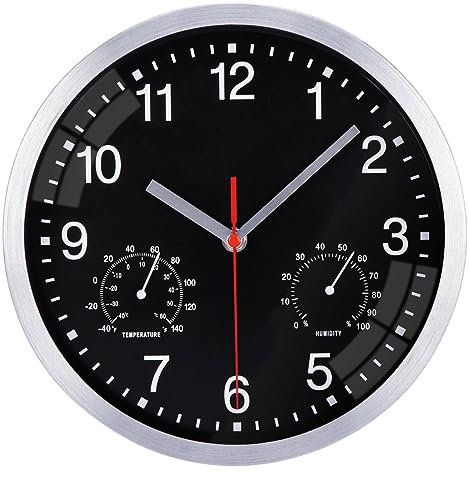 VIVILINEN Funkuhr Mit Thermometer Hygrometer Geräuschlos Wanduhr Ohne Tickgeräusche Funkwanduhr Lautlos Wanduhr Nicht Tickend Hängeuhr für Wohnzimmer Schlafzimmer Büro Küche 10 Zoll (Schwarz)