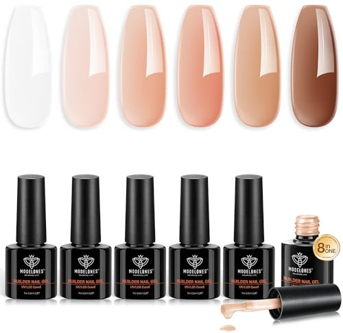 modelones 8-in-1 Nail Builder Gel, 6 Colors White Brown Builder Gel for Nails, Hard Gel Builder Nail Extension Gel Builder Gel in a Bottle