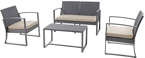 SVITA LOIS XL Poly Rattan Sitzgruppe Gartenmöbel Metall-Garnitur Balkonmöbel Tisch Sessel (Grau/Beige)