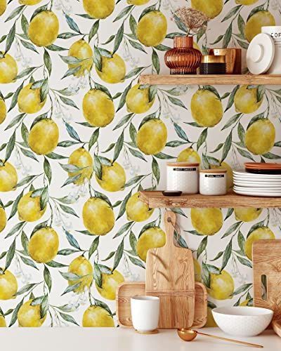 Coloritto Lemons with Leaves and Blossoms Wallpaper | Removable Self Adhesive Watercolor Mural | Botanical Peel Wallpaper (Sample 12 W x 8 H)