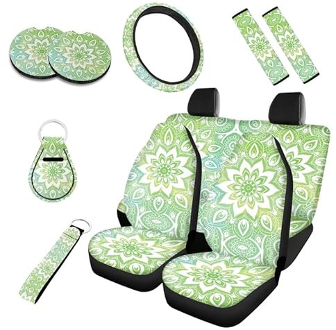 Kuiaobaty Autositzbezüge mit Mandala-Druck, komplettes Set mit Sicherheitsgurtpolstern, Boho-Ethno-Auto-Innenzubehör, 2 Stück, Auto-Untersetzer, Grün