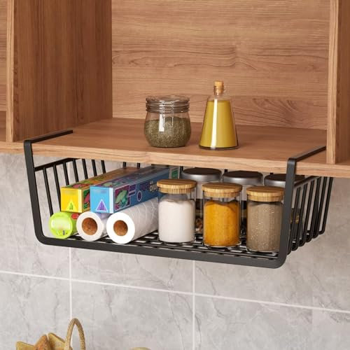 COITROZR Hängekorb Küche, Hängekorb aus Metall, Unter Schrank Lagerung Organizer, Schrankkörbe, Allzweckkorb Aufbewahrungskorb für Schreibtisch, Bad, Vorratskammer, Schwarz, 36x25x14cm