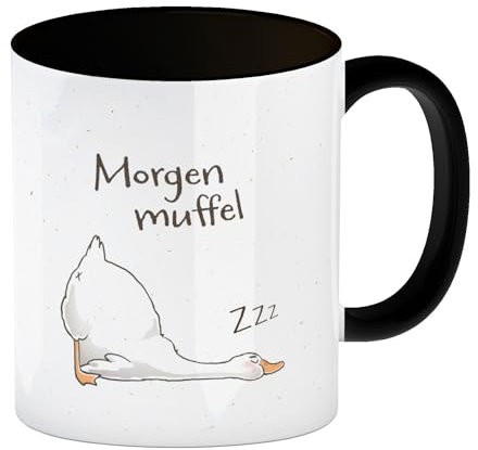Gilbert die Gans Kaffeebecher in schwarz mit Spruch Morgenmuffel eine bunte Tasse für das Büro lustiger Motiv Männer Pechvogel Kaffeetasse Morgenmuffel Becher Miesepeter Comic