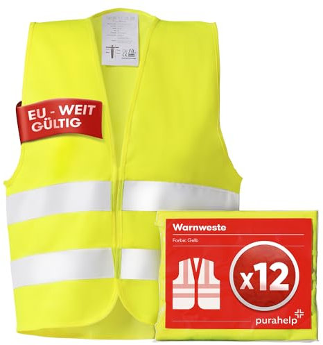 PURAHELP Warnwesten Auto 12er Set Europaweit gültig nach EN ISO 20471 - Reflektierende Warnweste Auto - Sicherheitsweste Auto Warnweste Gelb - Warnschutzweste - Sicherheitswesten für Erwachsene